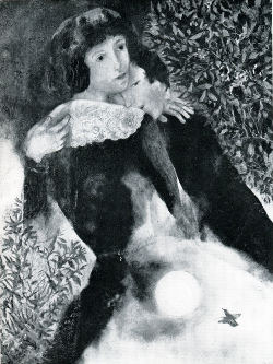  The Lovers by Marc Chagall, Marc leaning his head on Bella's shoulder, eyes closed as if in a dream