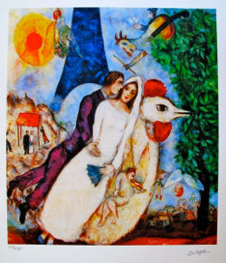 Bride and Groom of the Eiffel Tower by Marc Chagall, bride and groom ride on the back of a rooster with a red wedding canopy and the Eiffel Tower behind them while an angel plays a violin.