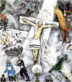 White Crucifixion by Marc Chagall, Jesus on the cross wearing a jewish prayer shawl, another Jew holding a Torah scroll, a boat of soldiers, a burning village behind and a menorah in the foreground.
