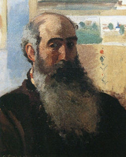 Pissarro self-portrait  with long brown and gray beard, bald on top of his head.