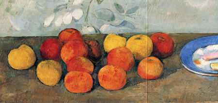 Fourteen apples in yello-ochre, orange and red on a bare table with a blue bordered table and two flat rectangular bisquits or cookies.