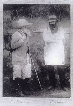 Pissarro in brimmed hat with satches and easel on his back, and Cezanne, also with easel strapped to his back, wearing a smock, both standing looking at each other