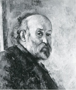 Cezanne Self-portrait, trimmed beard, bald on top, longish hair behind his neck, a blach-and-white image.