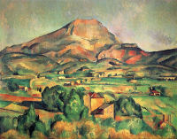 panorama of cultivated fields, an elevated railroad bridge above arches in the middle distance, and Montagne Sainte-Victoire in the far distance